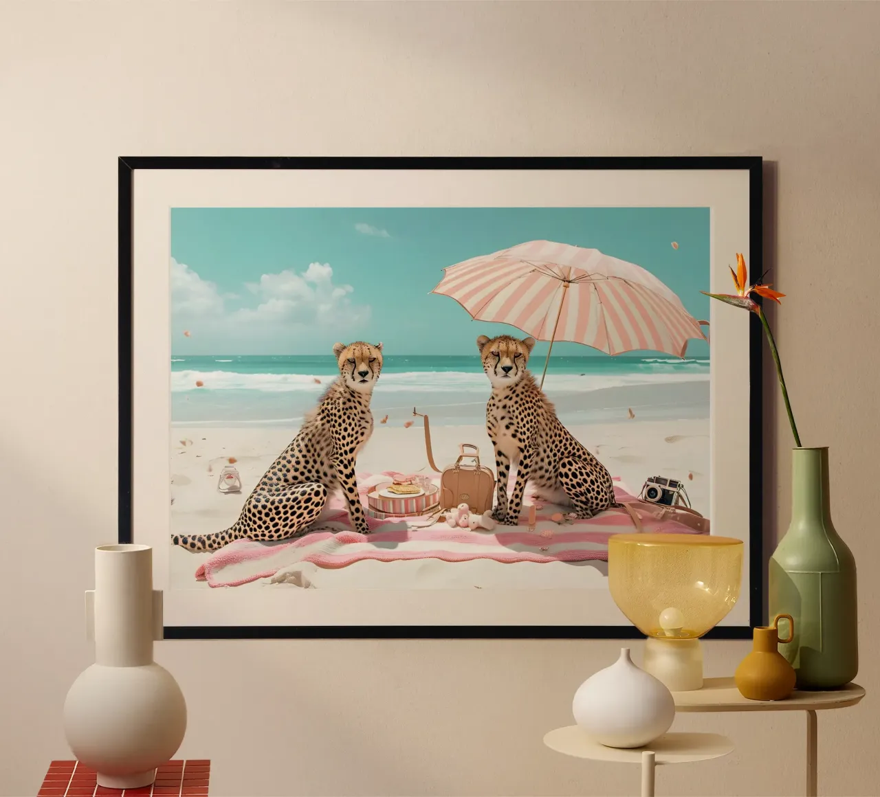 Poster per picnic in spiaggia Chic Cheetahs poster con telaio in legno da dawnthesea