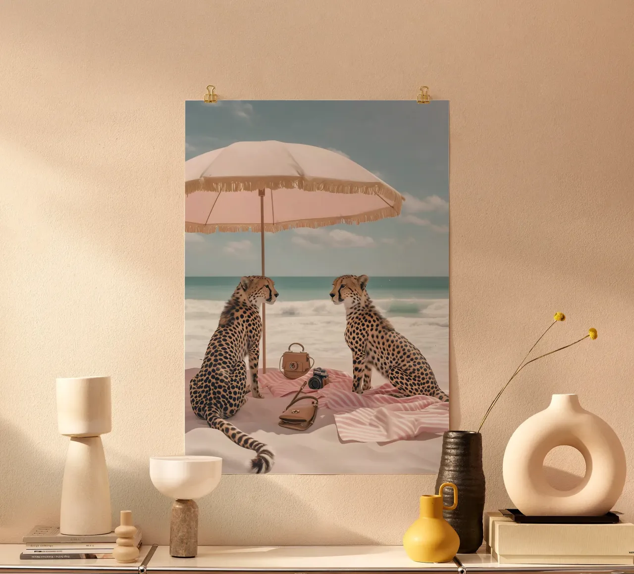 Appuntamento in spiaggia Chic Cheetahs | Scena costiera pastello poster con telaio in alluminio da dawnthesea
