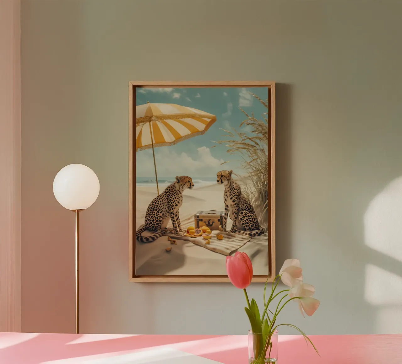Ghepardi sulla spiaggia, picnic esotico Poster d'arte digitale tela con Cornice a cassetta da dawnthesea