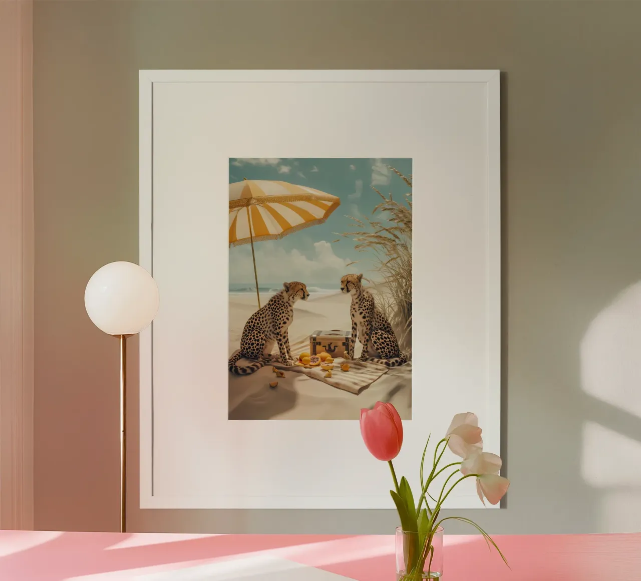 Ghepardi sulla spiaggia, picnic esotico Poster d'arte digitale poster con telaio in legno da dawnthesea
