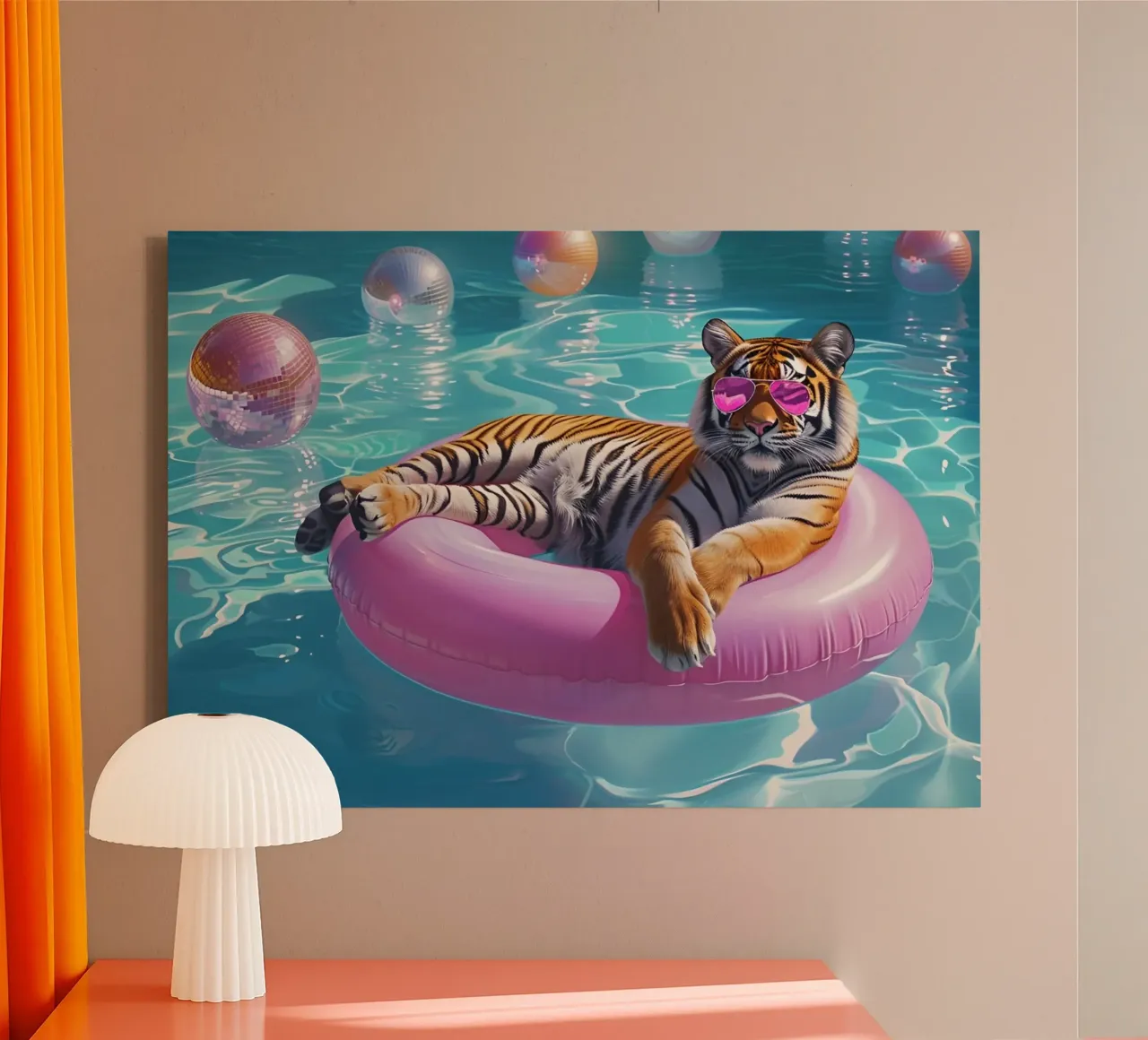 Tigre con occhiali da sole in rosa, palla da discoteca festa in piscina tela con Cornice a cassetta da dawnthesea