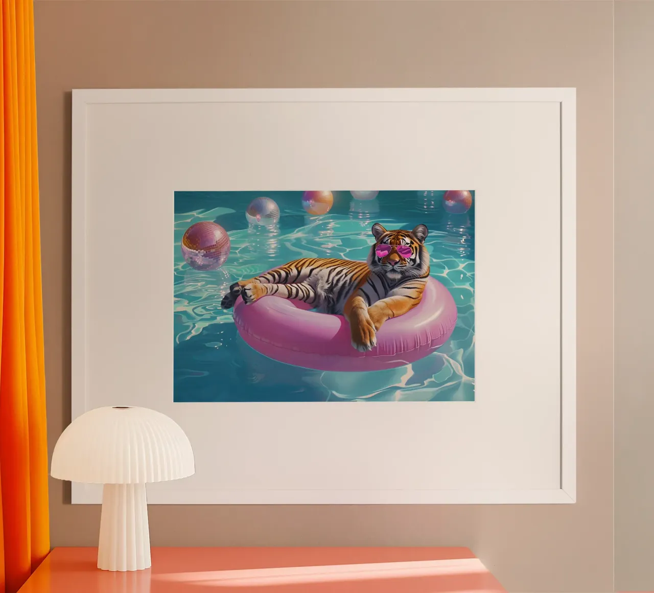 Tigre con occhiali da sole in rosa, palla da discoteca festa in piscina poster da dawnthesea