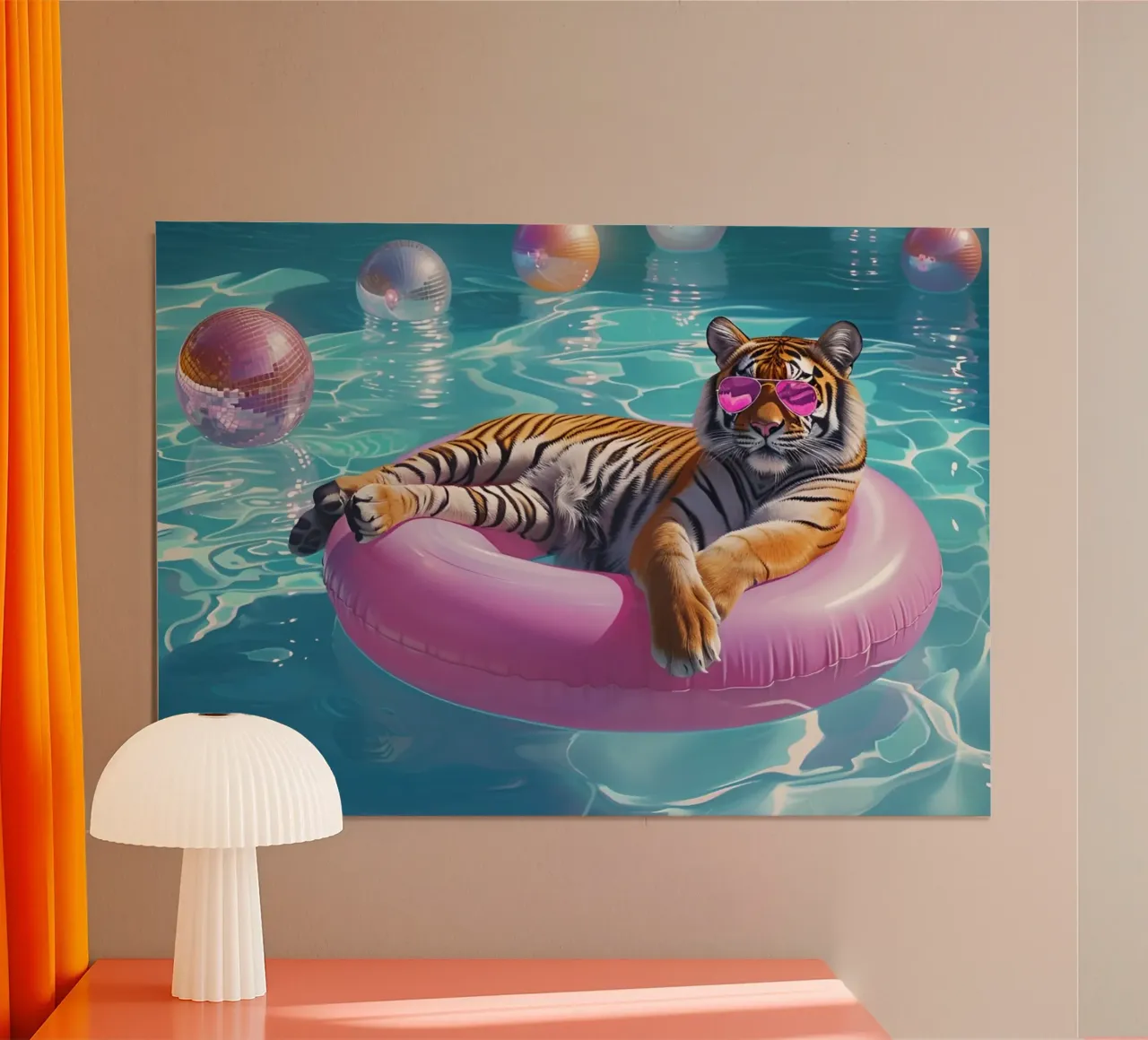 Tigre con occhiali da sole in rosa, palla da discoteca festa in piscina poster da dawnthesea