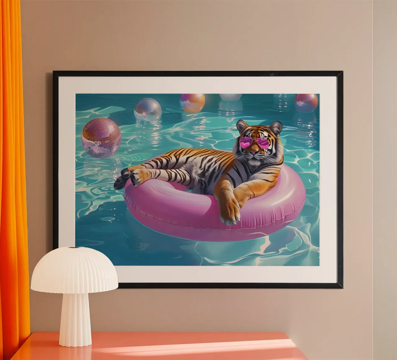 Tigre con occhiali da sole in rosa, palla da discoteca festa in piscina poster da dawnthesea