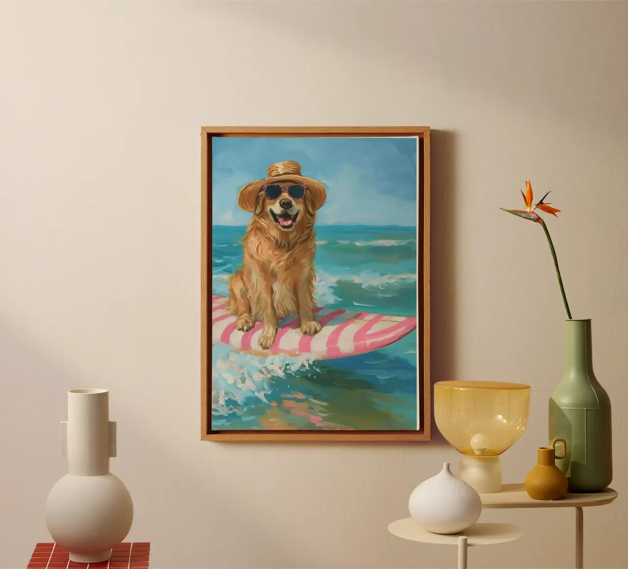 Surfer Golden Retriever, Beach Vibes Art Print Leinwand mit Schattenfugenrahmen von dawnthesea