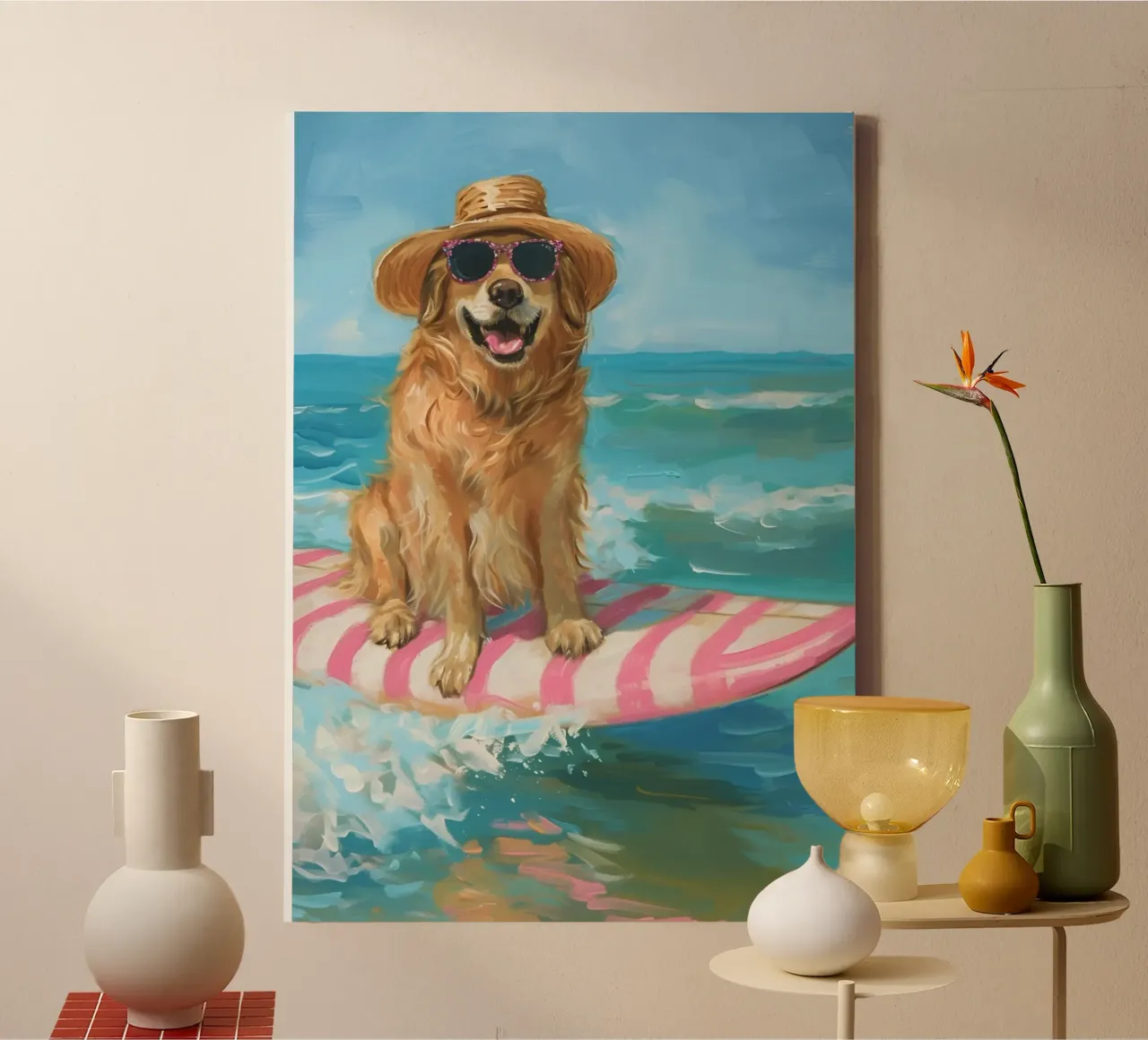 Surfer Golden Retriever, Beach Vibes Art Print Leinwand mit Schattenfugenrahmen von dawnthesea