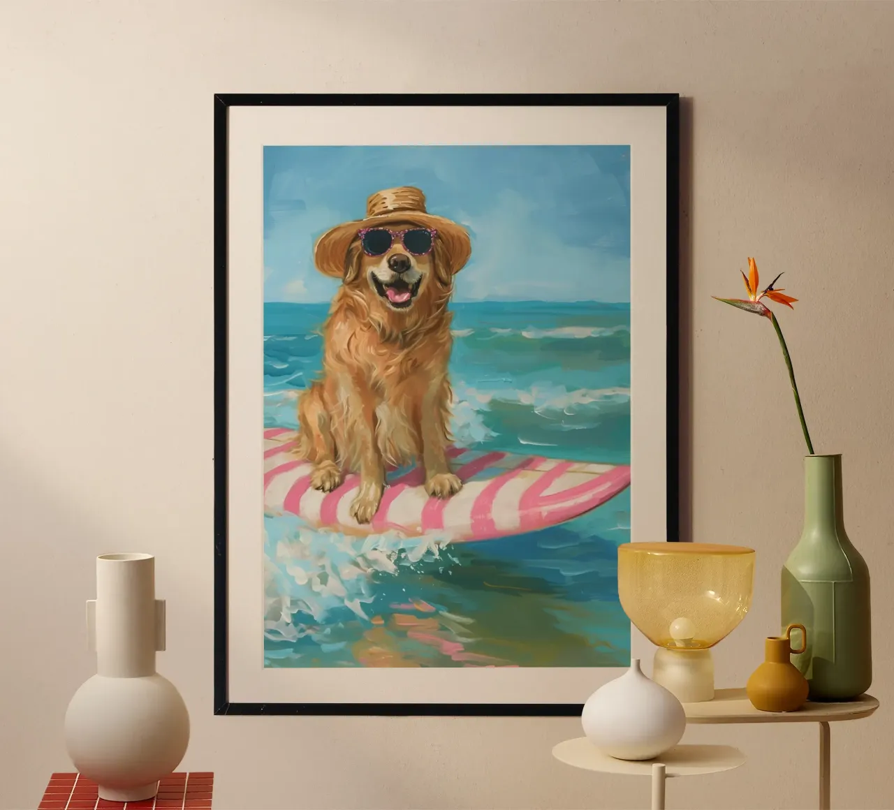 Surfer Golden Retriever, Beach Vibes Art Print poster de dawnthesea