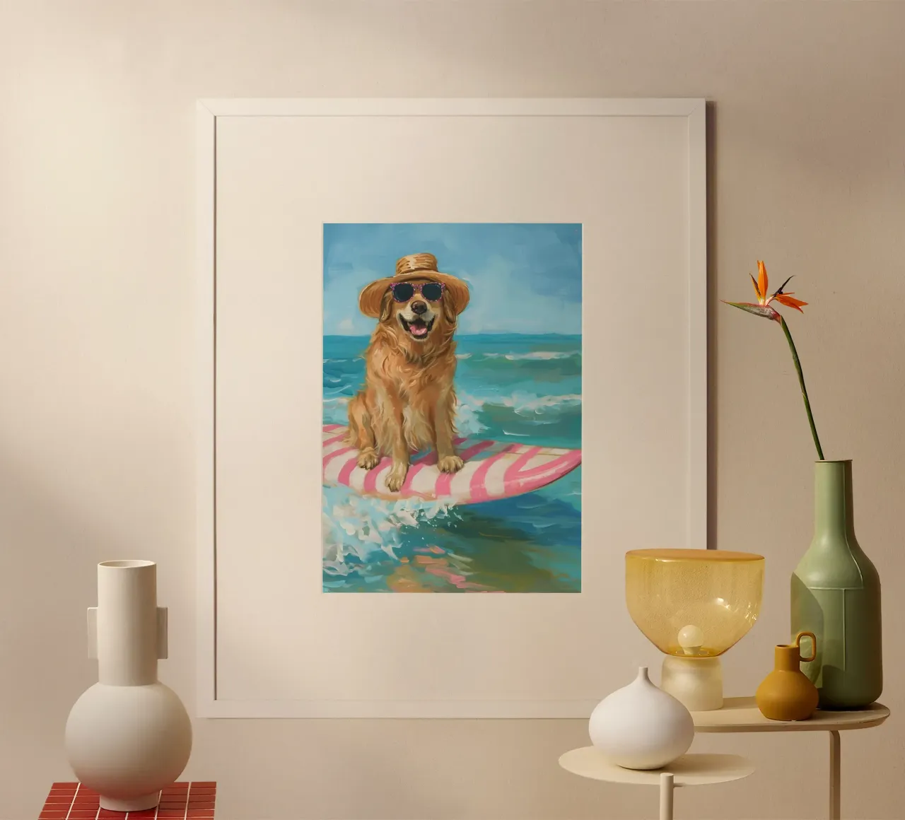 Surfer Golden Retriever, Beach Vibes Art Print poster de dawnthesea