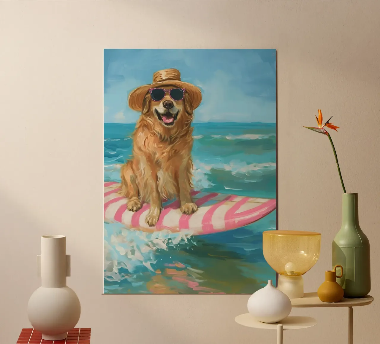 Surfer Golden Retriever, Beach Vibes Art Print poster de dawnthesea