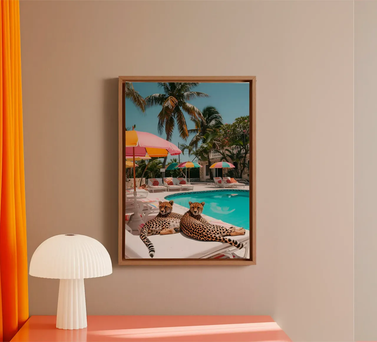Ghepardi in piscina, manifesto estetico di Palm Beach tela con Cornice a cassetta da dawnthesea