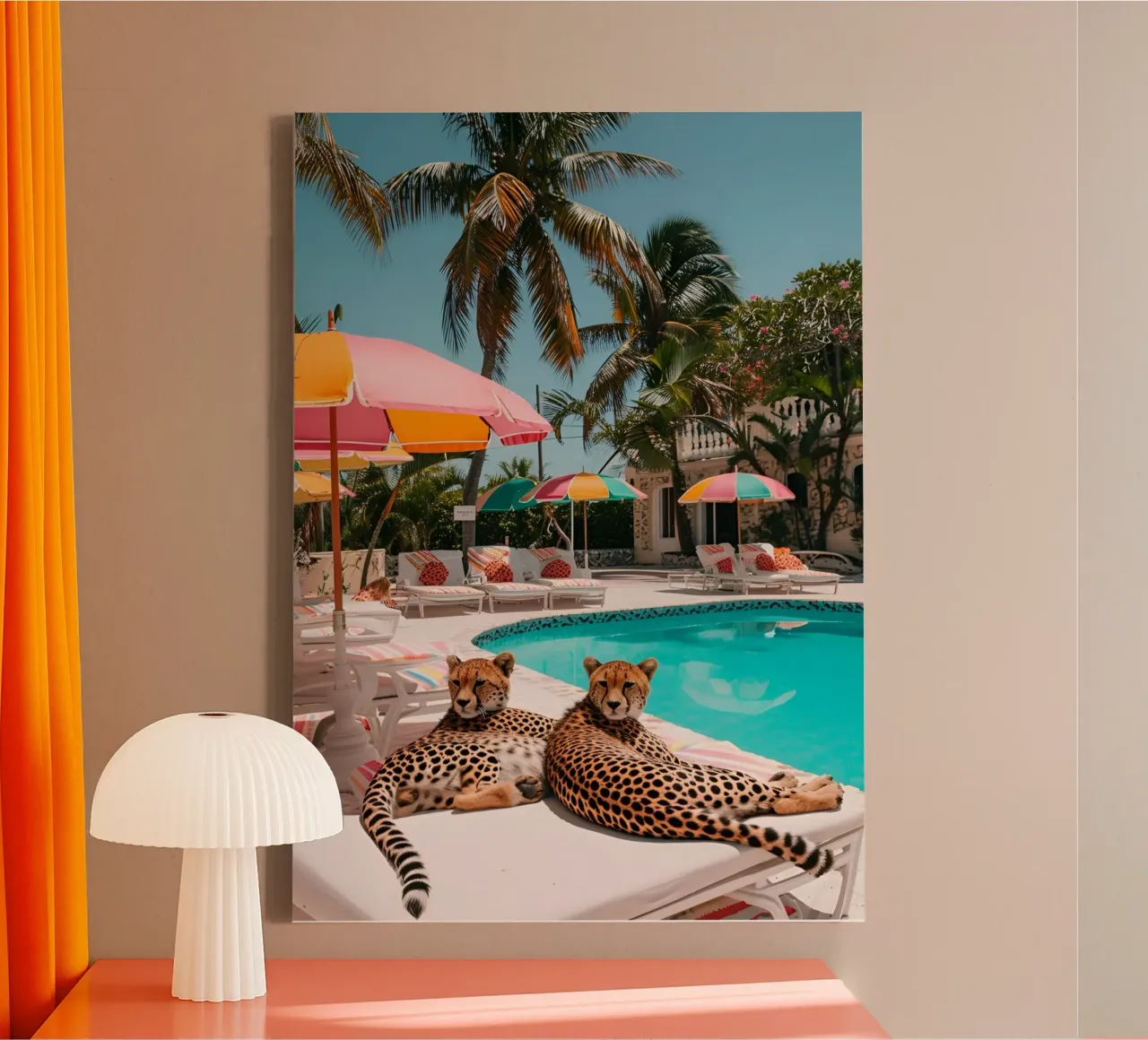 Ghepardi in piscina, manifesto estetico di Palm Beach tela con Cornice a cassetta da dawnthesea