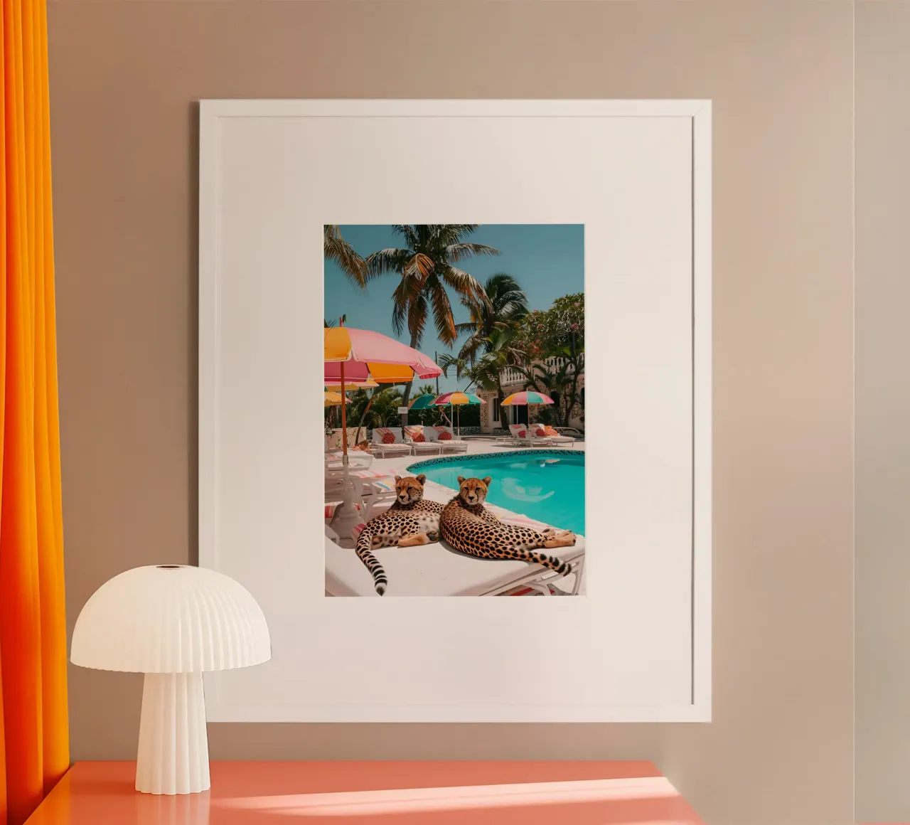 Ghepardi in piscina, manifesto estetico di Palm Beach poster con telaio in alluminio da dawnthesea