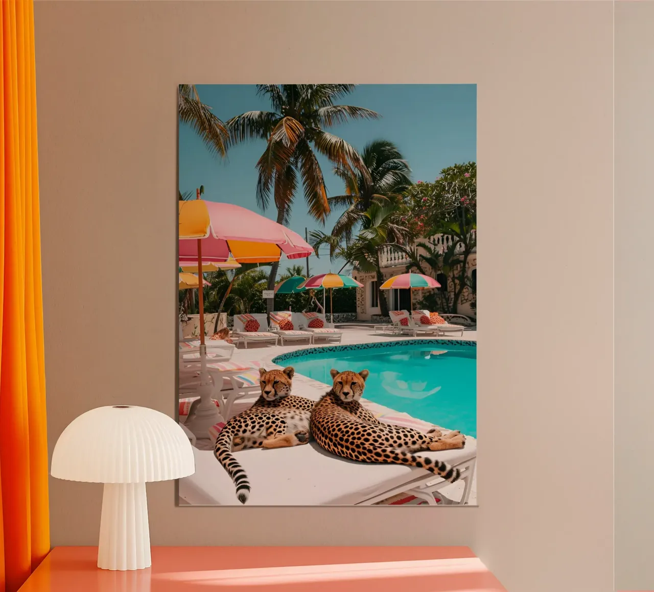 Ghepardi in piscina, manifesto estetico di Palm Beach poster con telaio in alluminio da dawnthesea