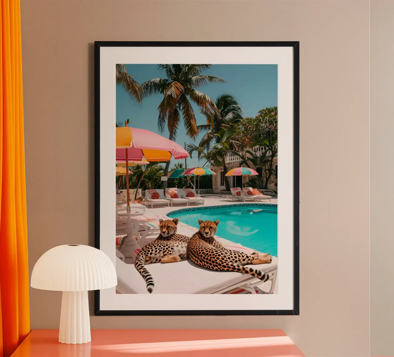 Ghepardi in piscina, manifesto estetico di Palm Beach poster con telaio in alluminio da dawnthesea