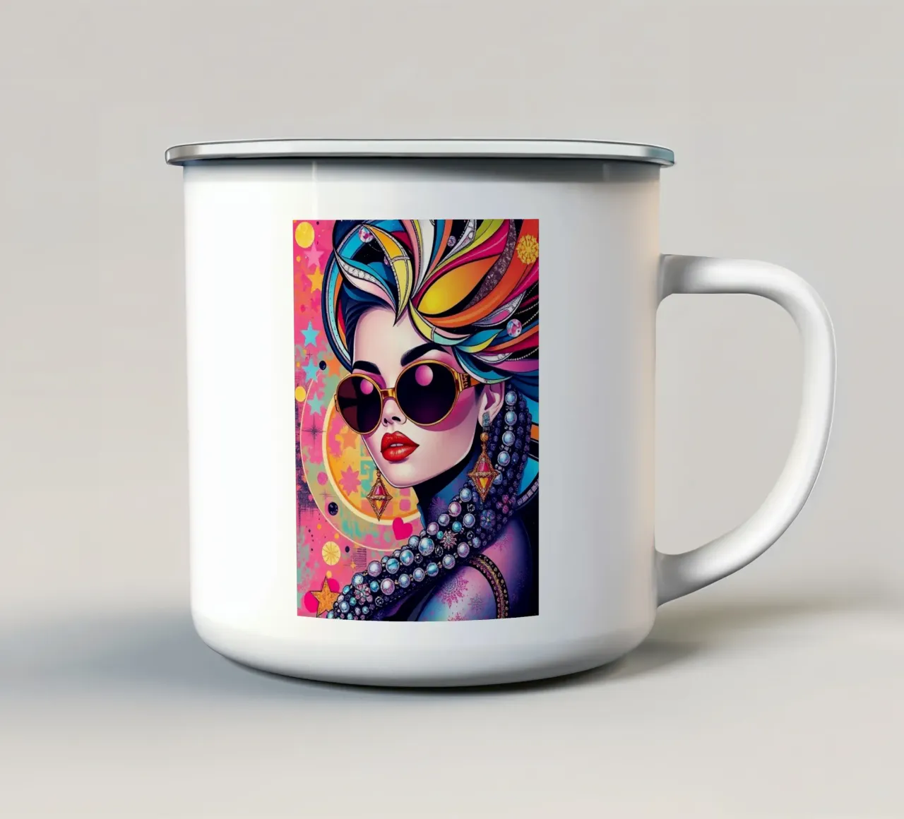 Illustrazione colorata di una donna con occhiali da sole tazza in smalto da BenCoStyle