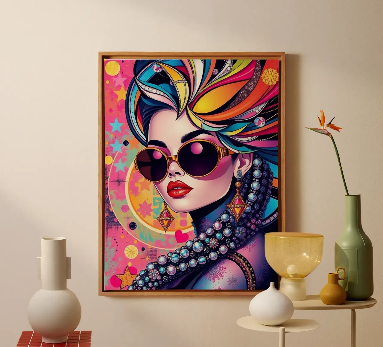 Kleurrijke illustratie van een vrouw met zonnebril canvas met Baklijst van BenCoStyle