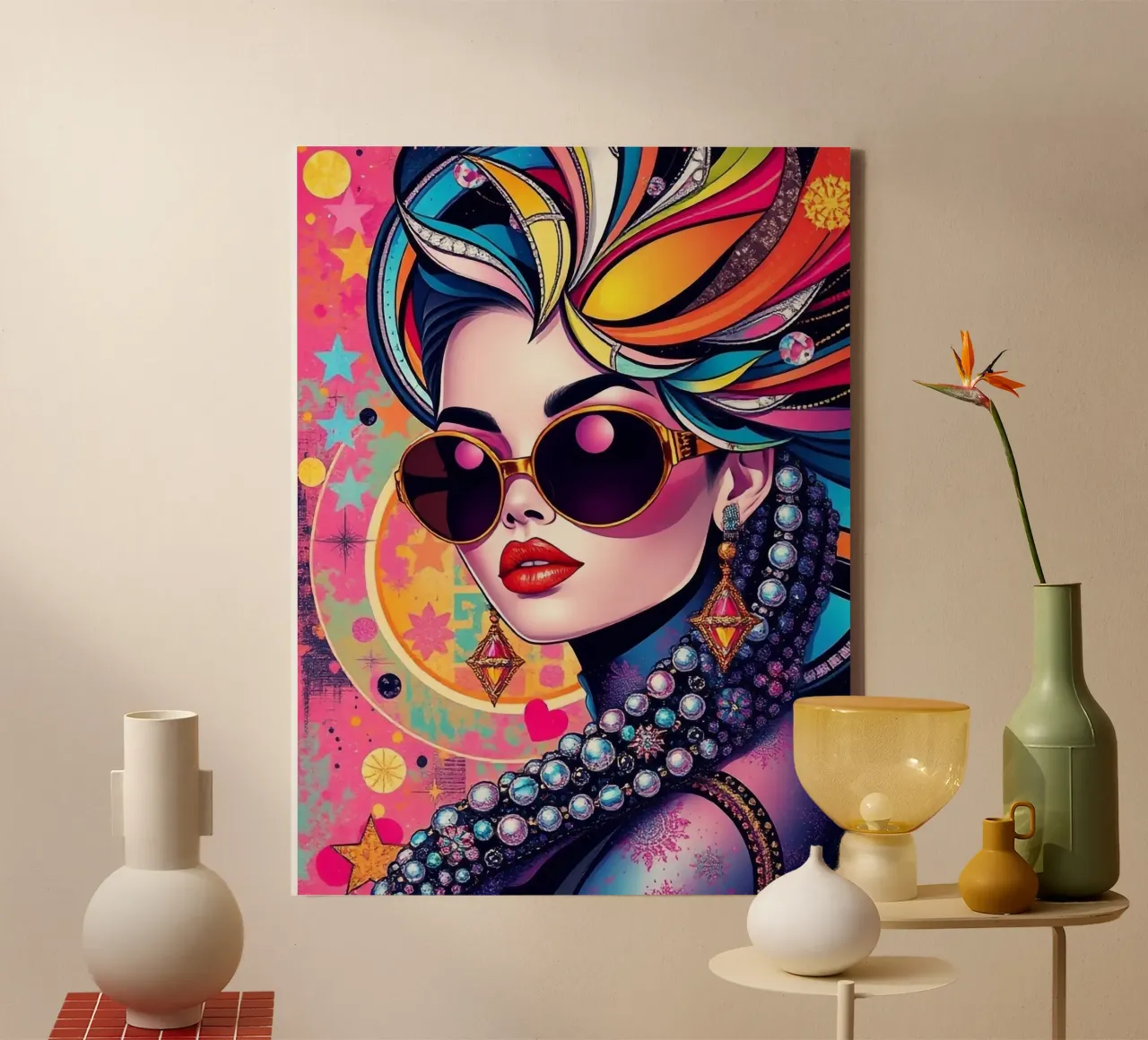 Kleurrijke illustratie van een vrouw met zonnebril canvas met Baklijst van BenCoStyle