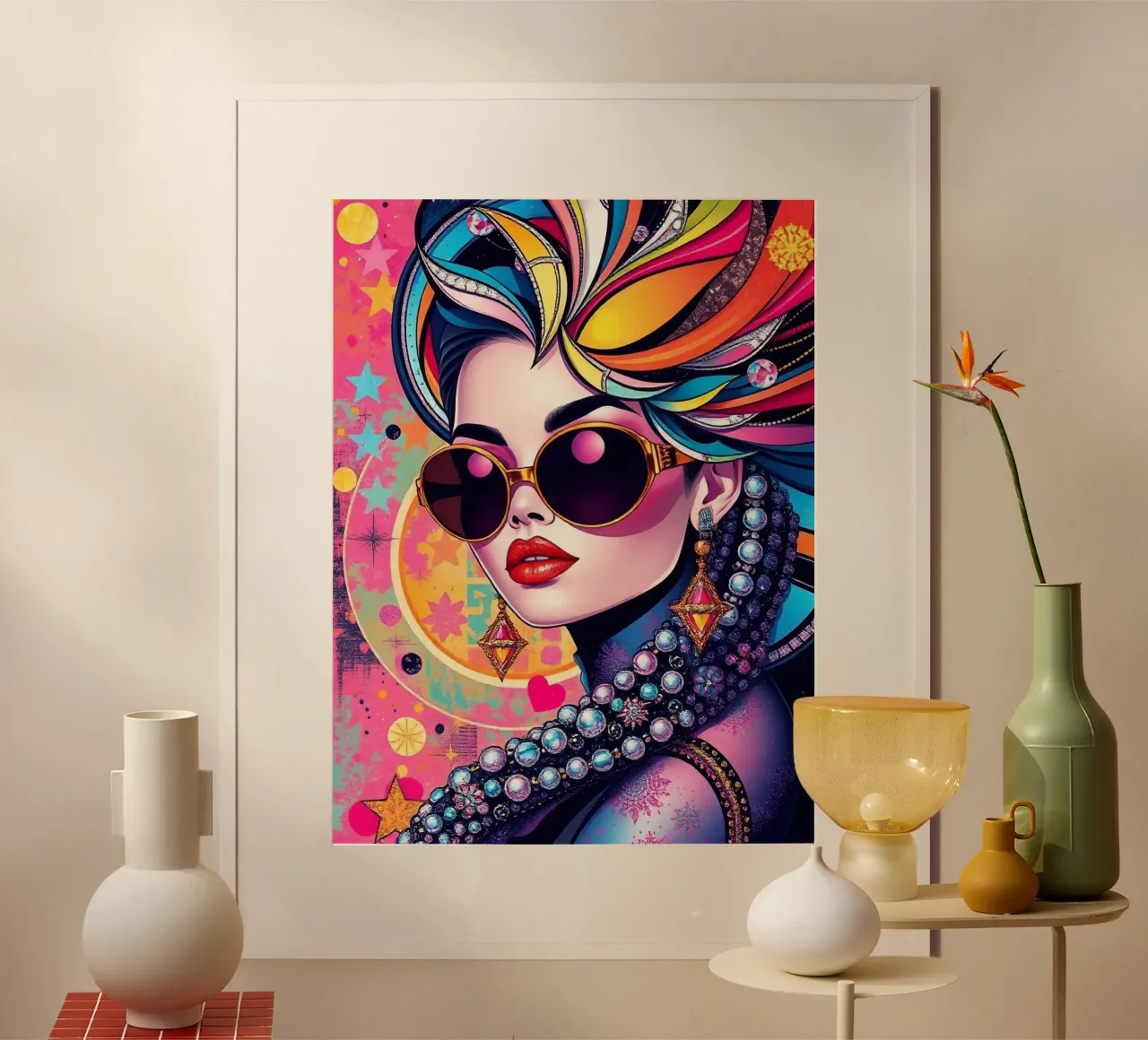 Illustrazione colorata di una donna con occhiali da sole poster con telaio in alluminio da BenCoStyle