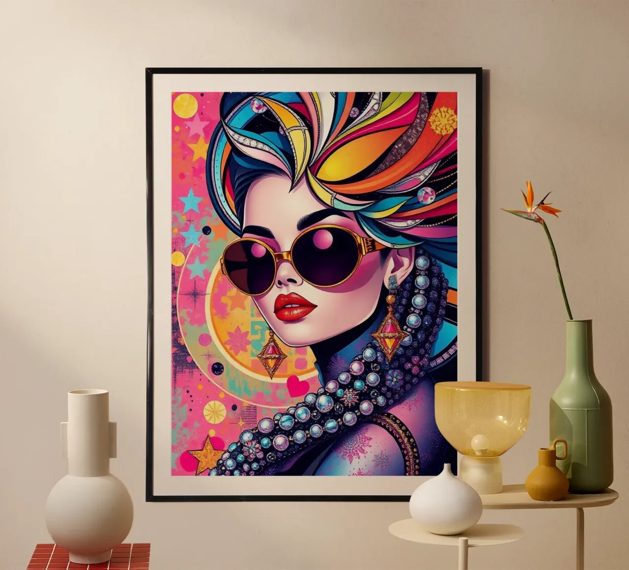 Illustrazione colorata di una donna con occhiali da sole poster con telaio in alluminio da BenCoStyle