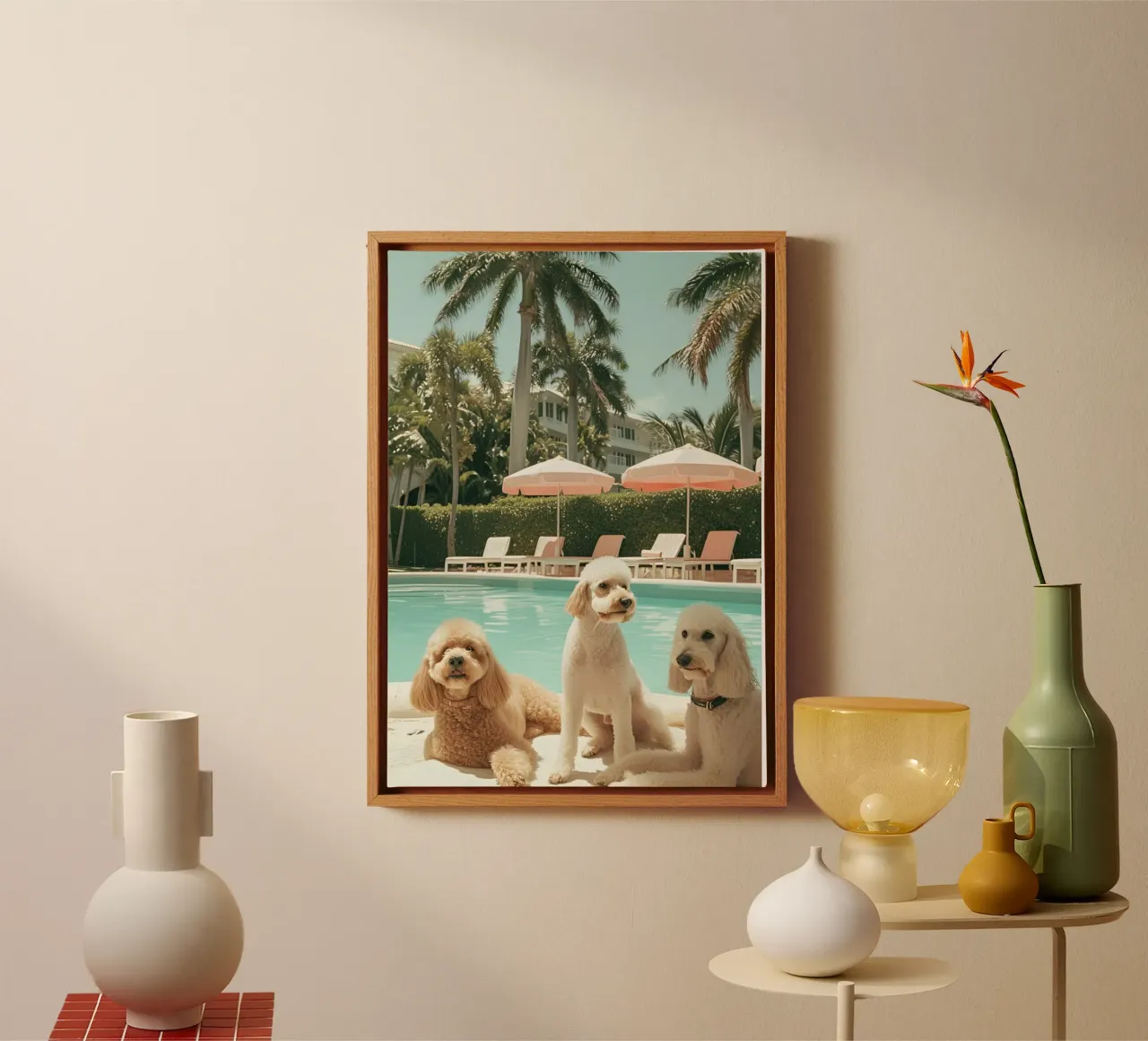 Barboncini in piscina, Palm Beach Stampa d'arte retrò tela con Cornice a cassetta da dawnthesea