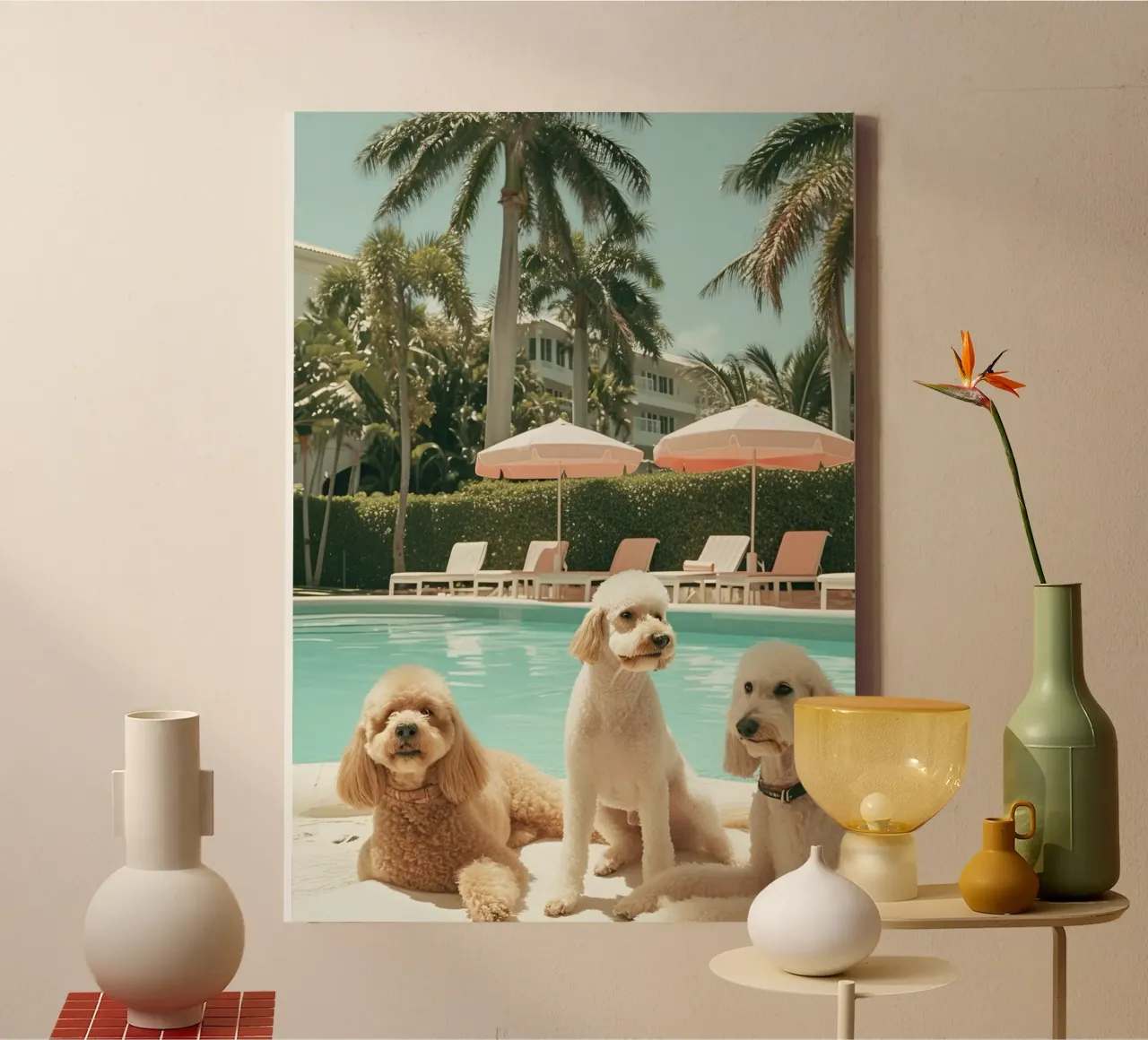 Barboncini in piscina, Palm Beach Stampa d'arte retrò tela con Cornice a cassetta da dawnthesea