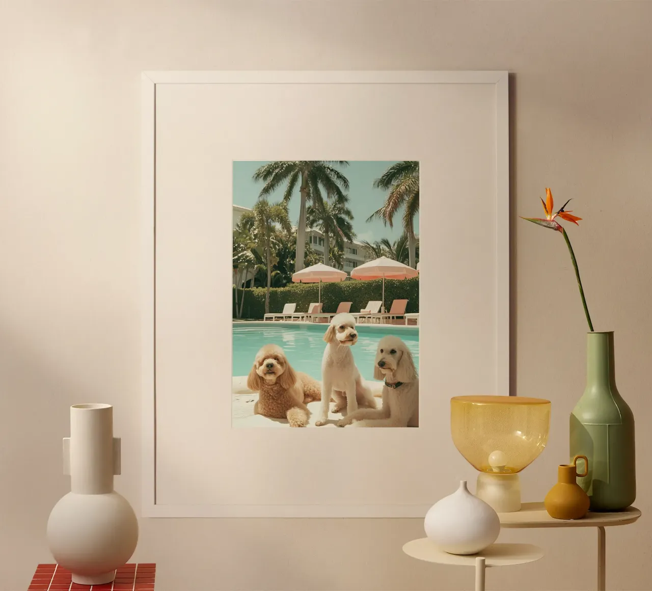 Poodles by the Pool, Palm Beach Retro Art Print poster de dawnthesea