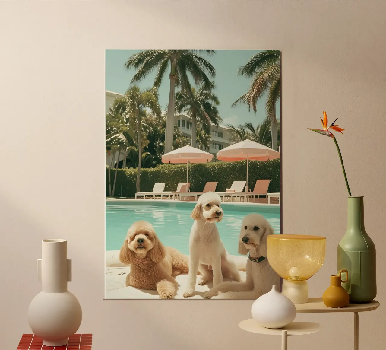 Poodles by the Pool, Palm Beach Retro Art Print poster de dawnthesea