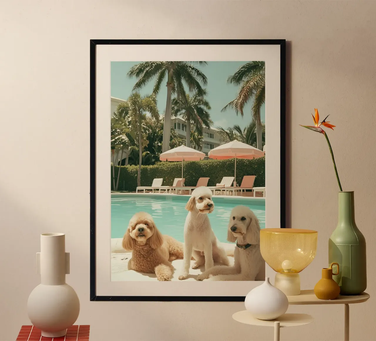 Poodles by the Pool, Palm Beach Retro Art Print poster de dawnthesea