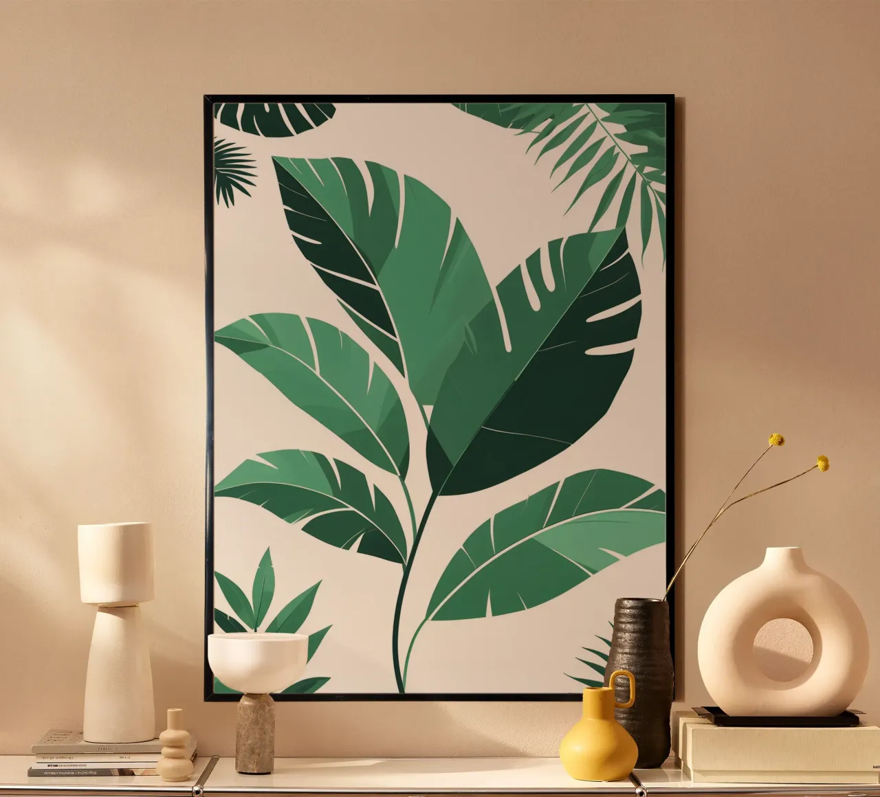 Foglie tropicali astratte poster con telaio in legno da The Green Room