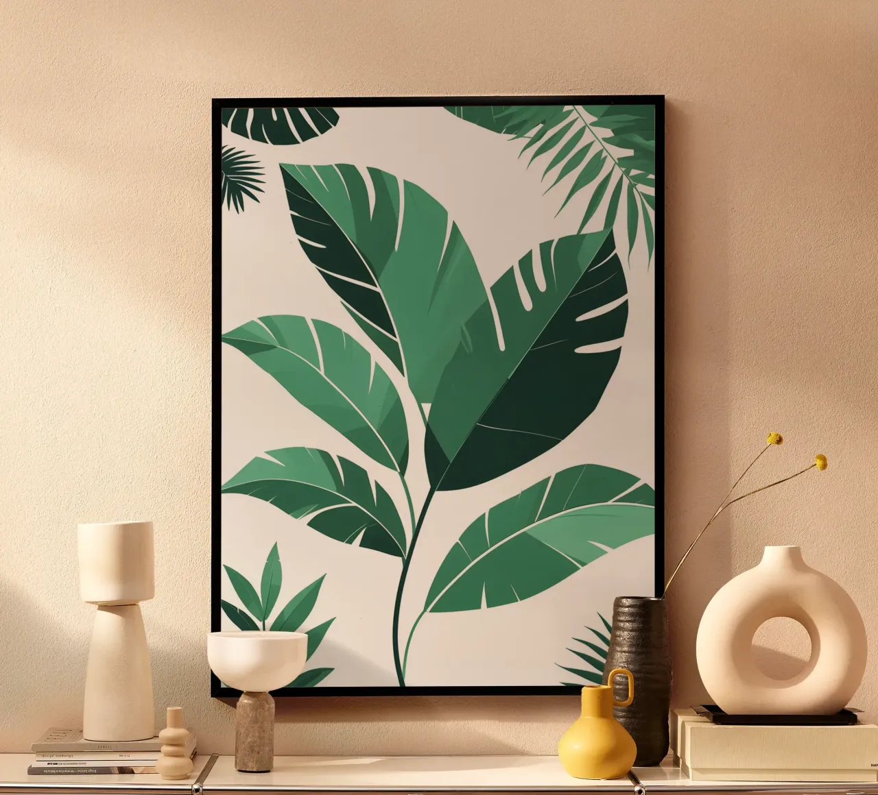 Foglie tropicali astratte poster con telaio in legno da The Green Room