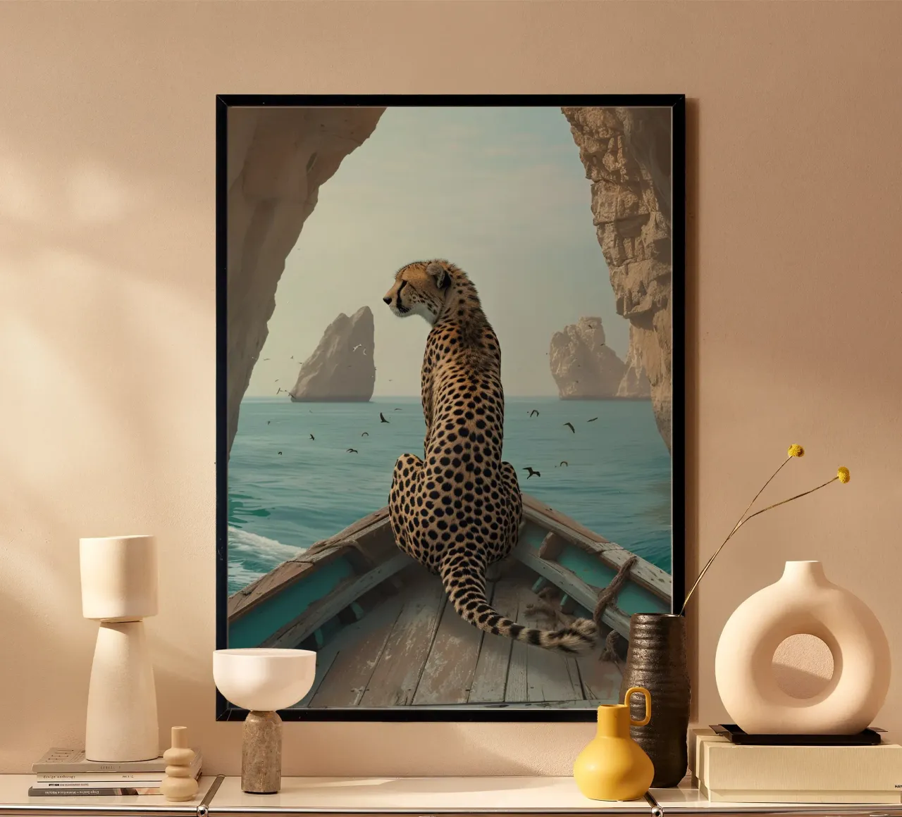 Gepard auf einem Boot, Ozean Abenteuer Surreal Kunstdruck Poster mit Holzrahmen von dawnthesea