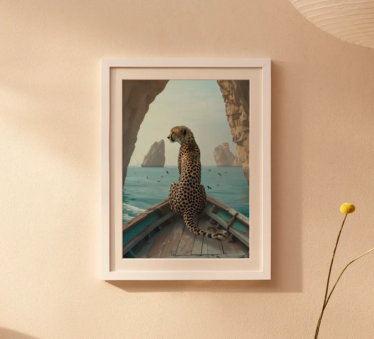 Gepard auf einem Boot, Ozean Abenteuer Surreal Kunstdruck Poster mit Holzrahmen von dawnthesea