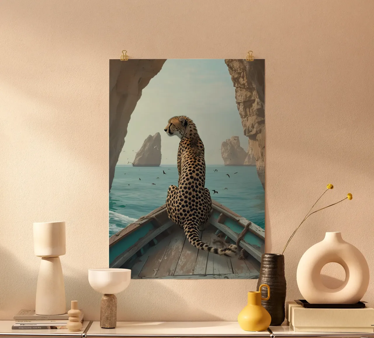 Gepard auf einem Boot, Ozean Abenteuer Surreal Kunstdruck Poster mit Holzrahmen von dawnthesea