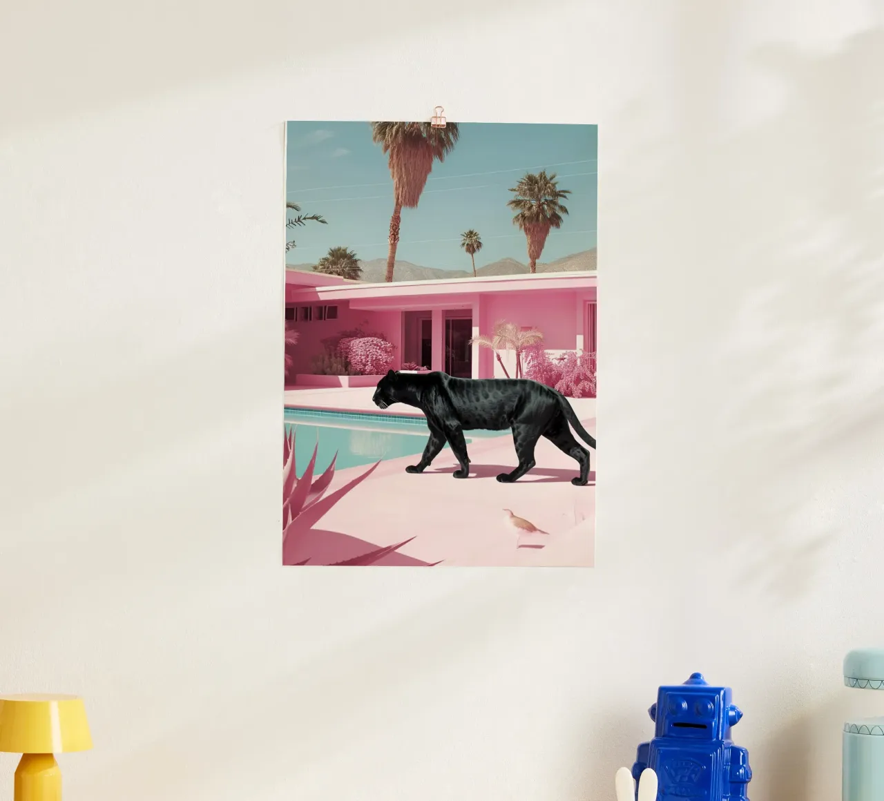Pantera nera, casa rosa, stampa d'arte retrò del metà secolo poster da dawnthesea