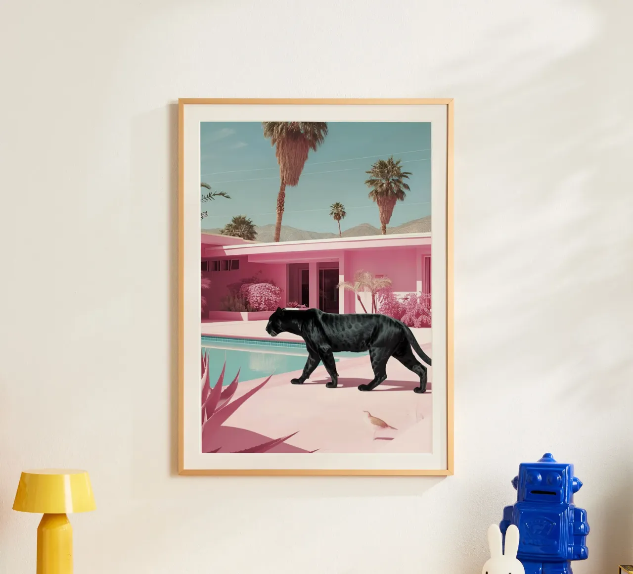 Pantera nera, casa rosa, stampa d'arte retrò del metà secolo poster da dawnthesea