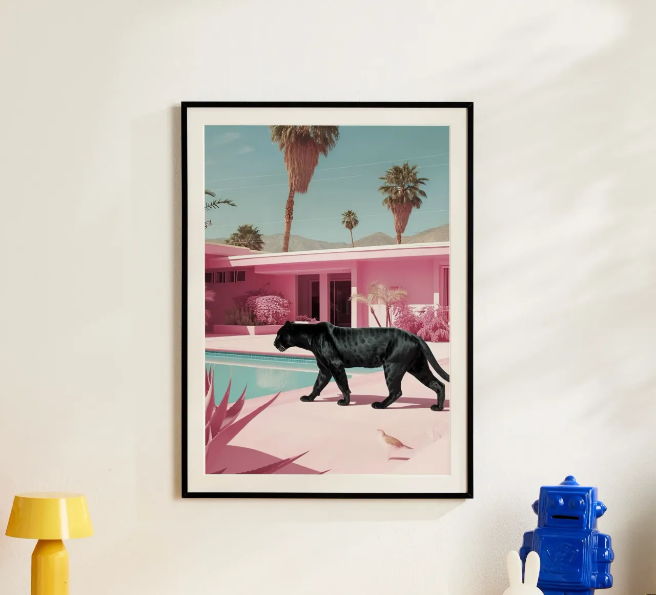 Pantera nera, casa rosa, stampa d'arte retrò del metà secolo poster da dawnthesea