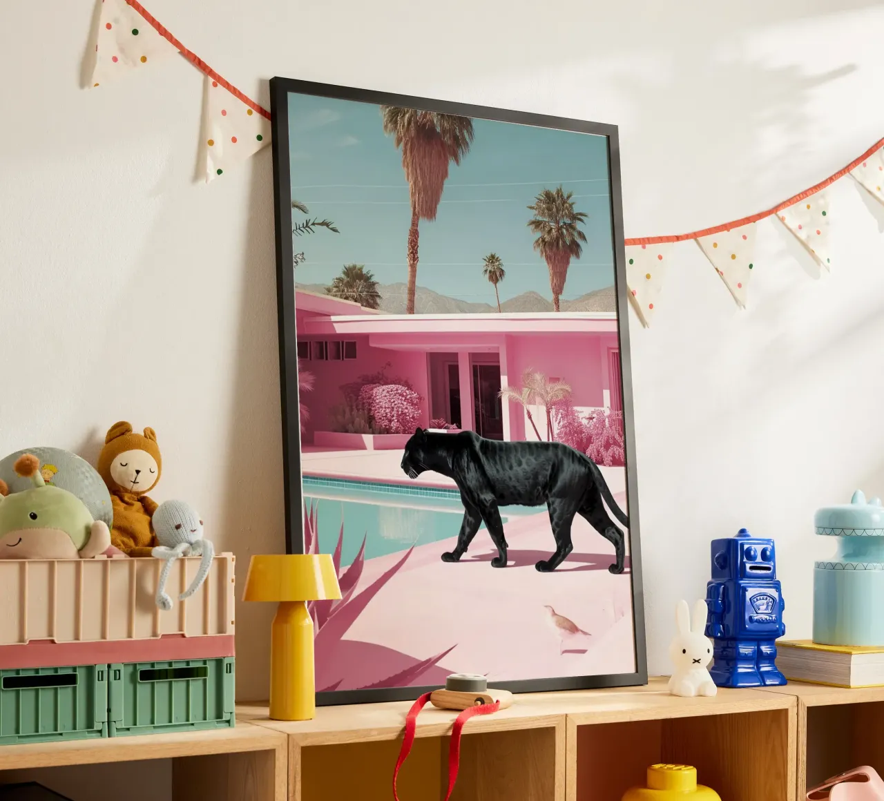Pantera nera, casa rosa, stampa d'arte retrò del metà secolo poster da dawnthesea