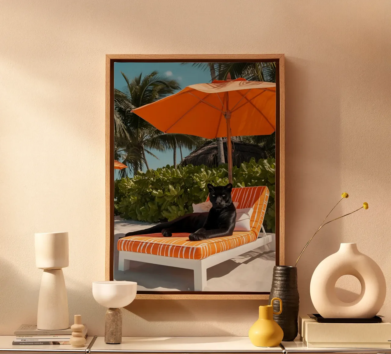 Black Panther Lounging, Orange Beach Chair Art Print lienzo con Marco flotante de dawnthesea