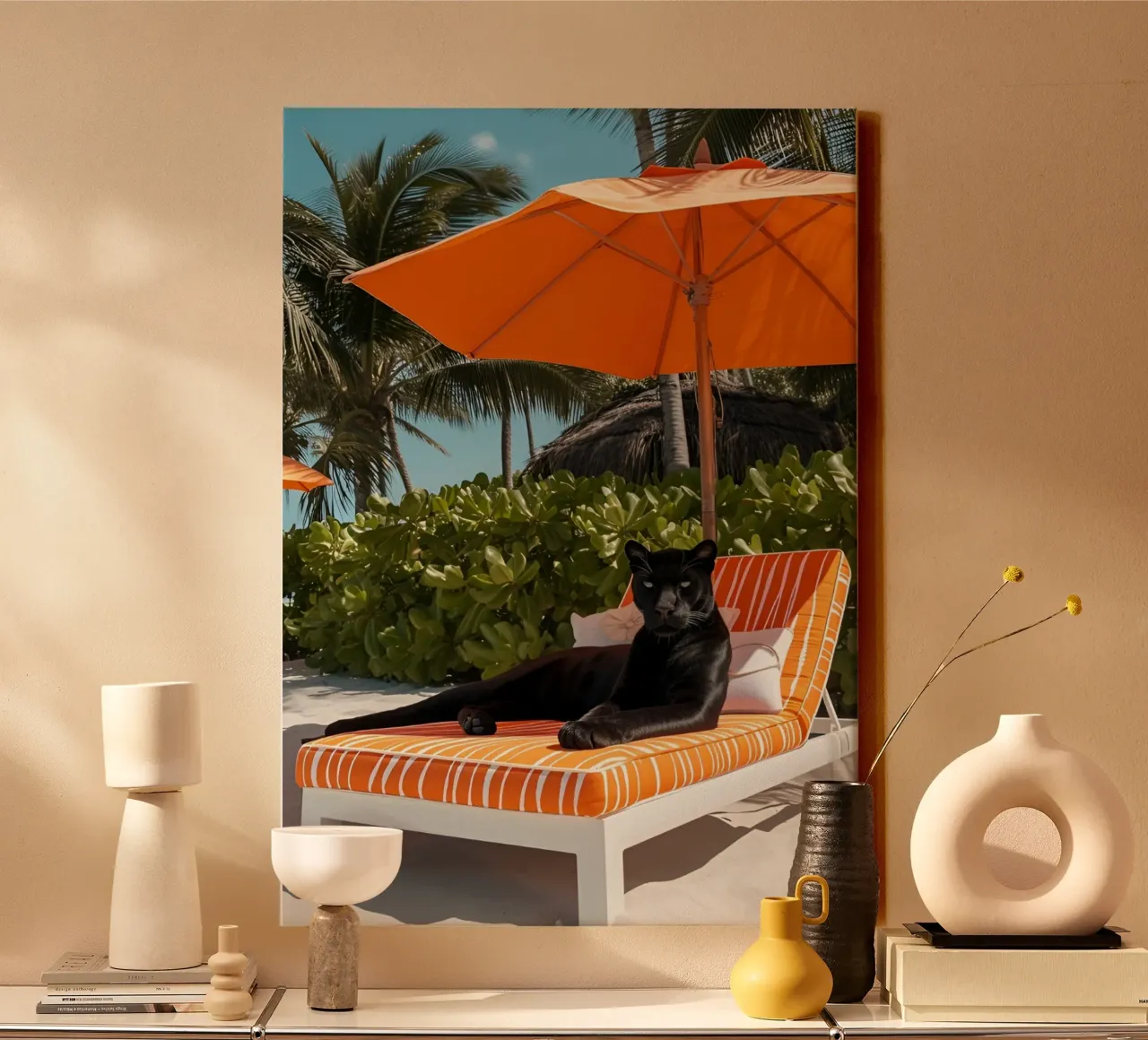 Black Panther Lounging, Orange Beach Chair Art Print lienzo con Marco flotante de dawnthesea
