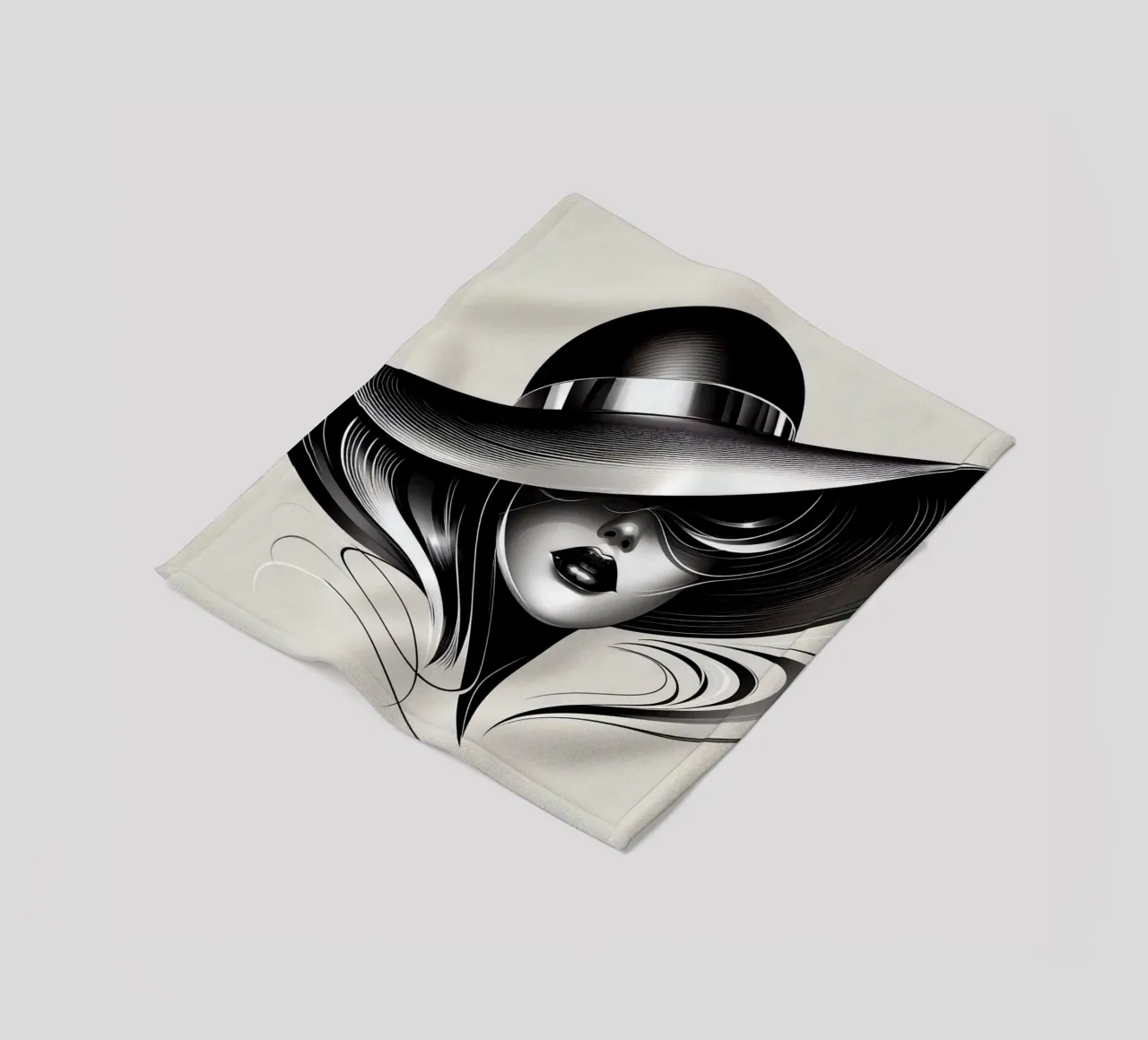 Illustration einer Frau mit großem Hut in schwarz weiß Fleecedecke von BenCoStyle
