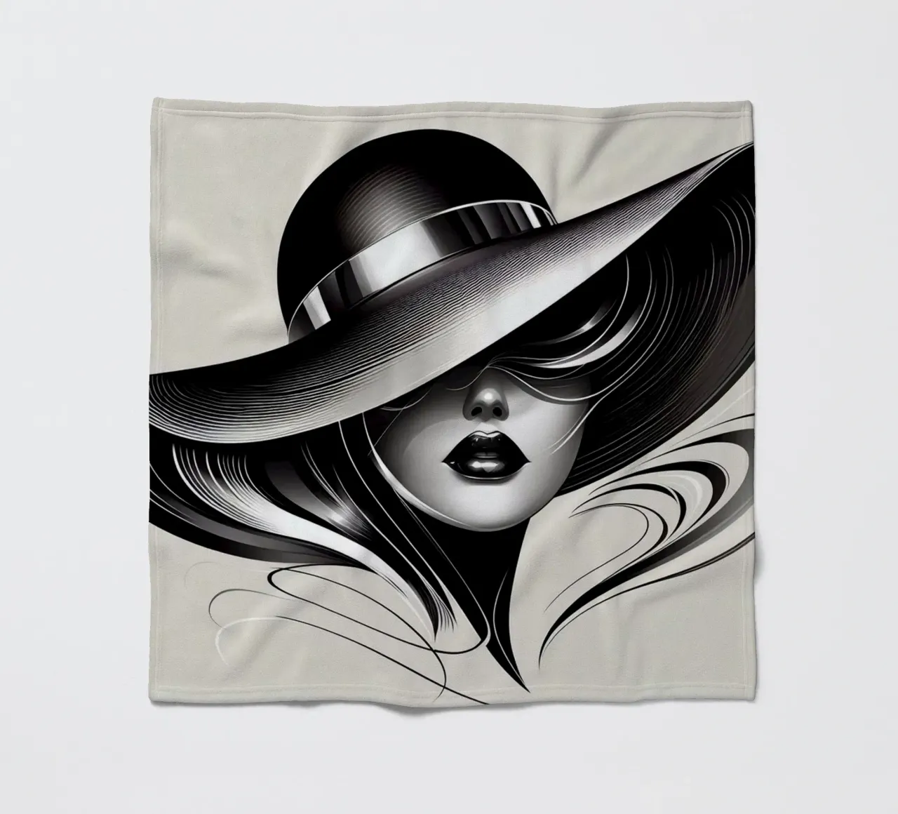 Illustration einer Frau mit großem Hut in schwarz weiß Fleecedecke von BenCoStyle
