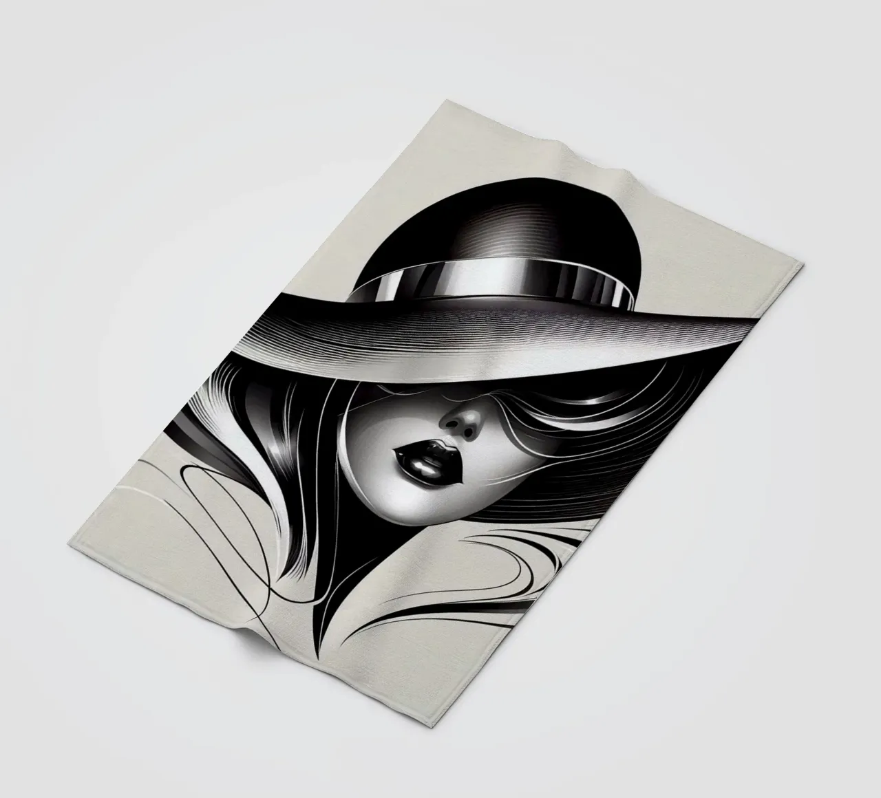 Illustration einer Frau mit großem Hut in schwarz weiß Fleecedecke von BenCoStyle