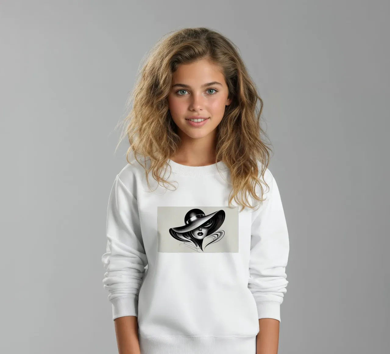 Illustrazione di una donna con un grande cappello in bianco e nero felpa bambino da BenCoStyle