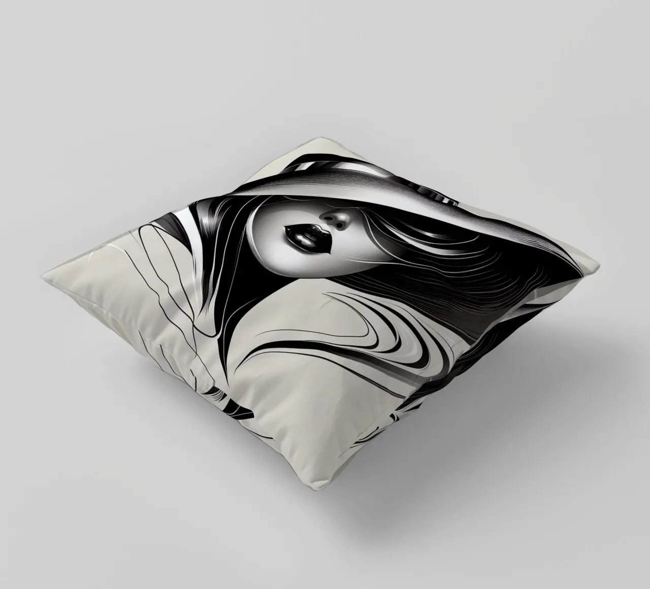 Illustrazione di una donna con un grande cappello in bianco e nero cuscino da BenCoStyle