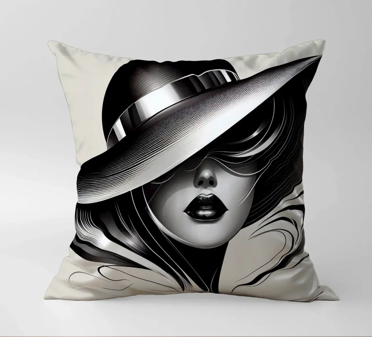 Illustrazione di una donna con un grande cappello in bianco e nero cuscino da BenCoStyle