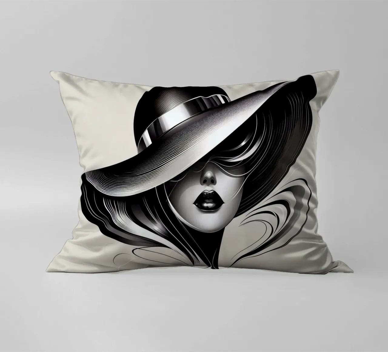 Illustrazione di una donna con un grande cappello in bianco e nero cuscino da BenCoStyle