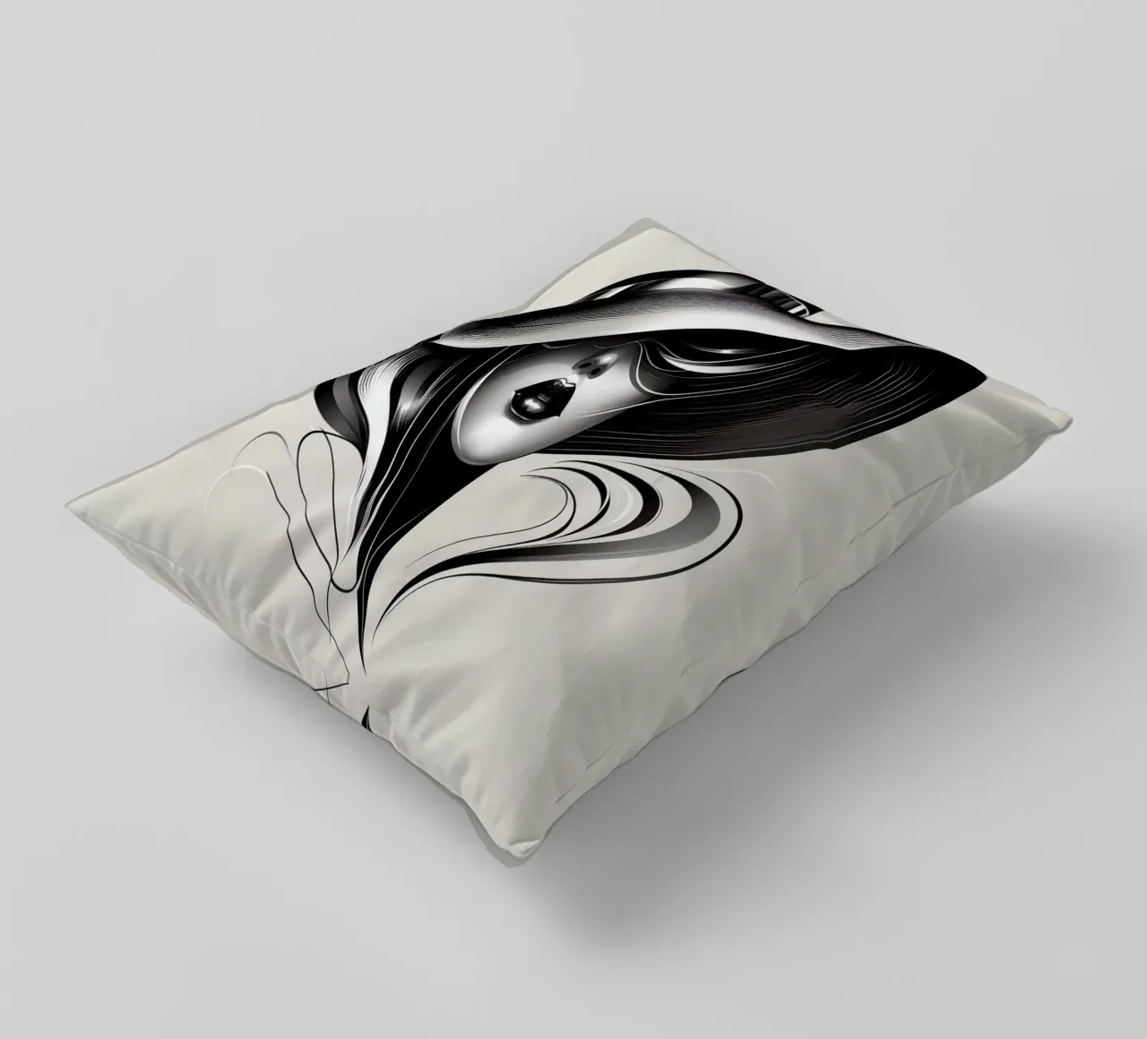 Illustrazione di una donna con un grande cappello in bianco e nero cuscino da BenCoStyle