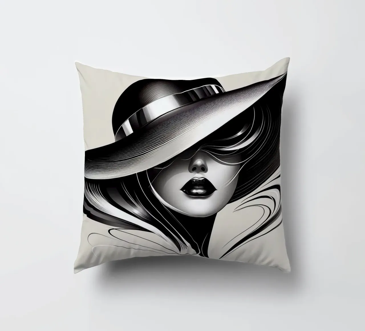 Illustrazione di una donna con un grande cappello in bianco e nero cuscino da BenCoStyle