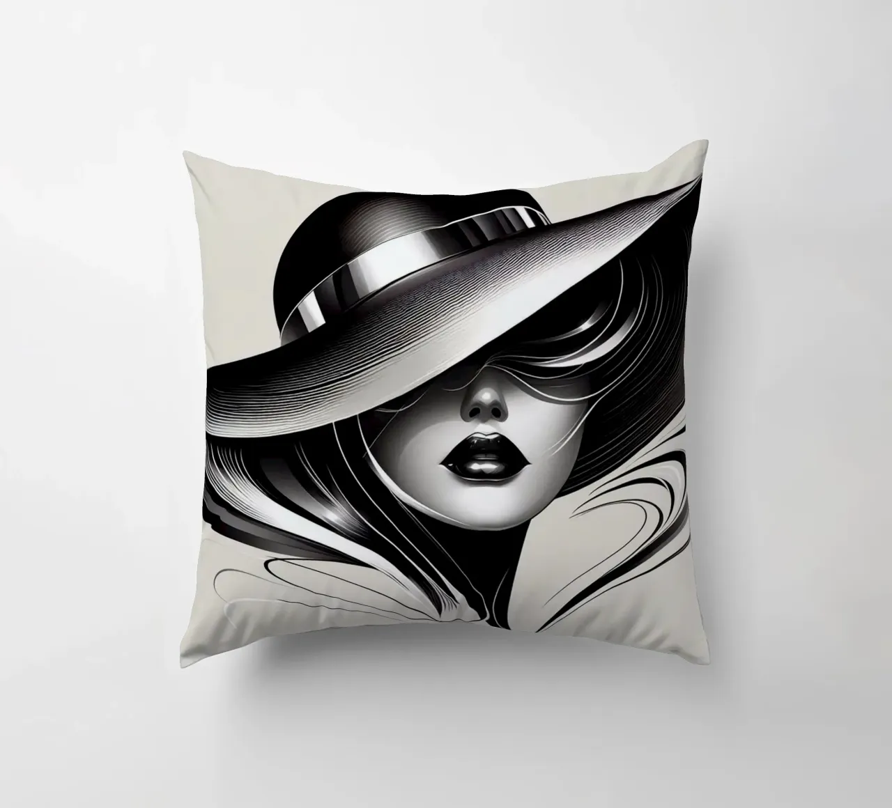 Illustrazione di una donna con un grande cappello in bianco e nero cuscino da BenCoStyle