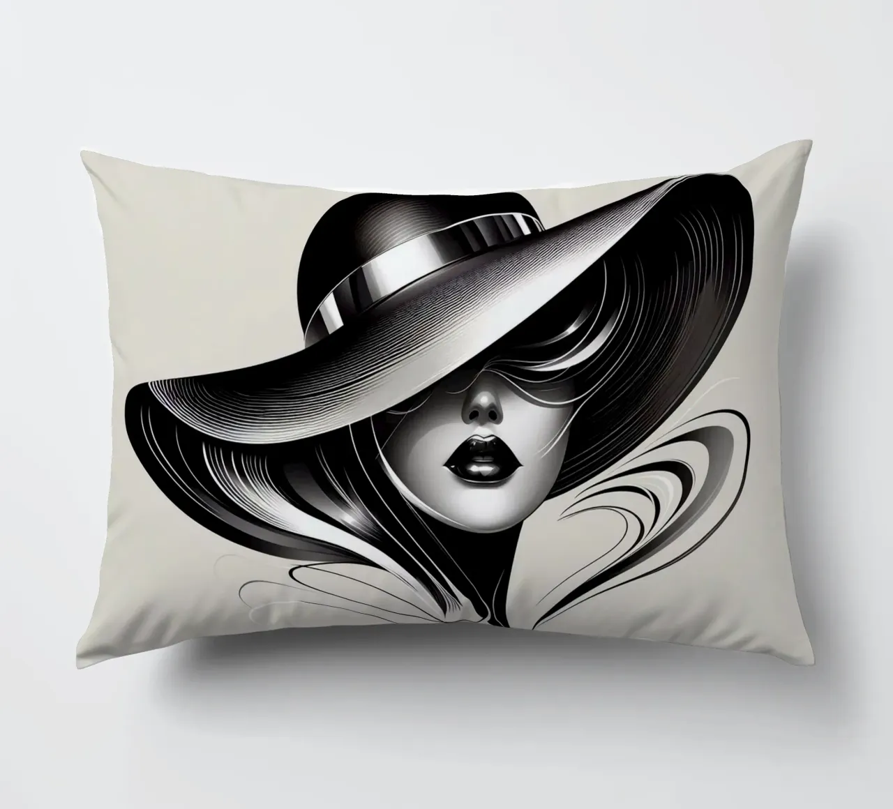 Illustrazione di una donna con un grande cappello in bianco e nero cuscino da BenCoStyle